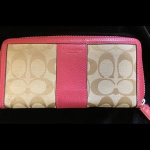 Coach Pink and Tan Signature Zip Wallet